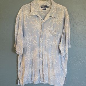 VTG Rayon Front Pocket Polo by Ralph Lauren Pale Blue Pineapple-Print Camp Shirt